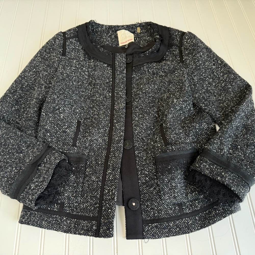 Rebecca Taylor Lace Trim Wool Silk Blend Tweed Blazer Jacket Suit Women 10. 1410